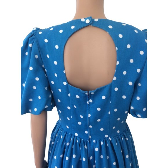 Blue Polka Dot Dress 80s Retro Open Back Cotton S - Picture 7 of 8